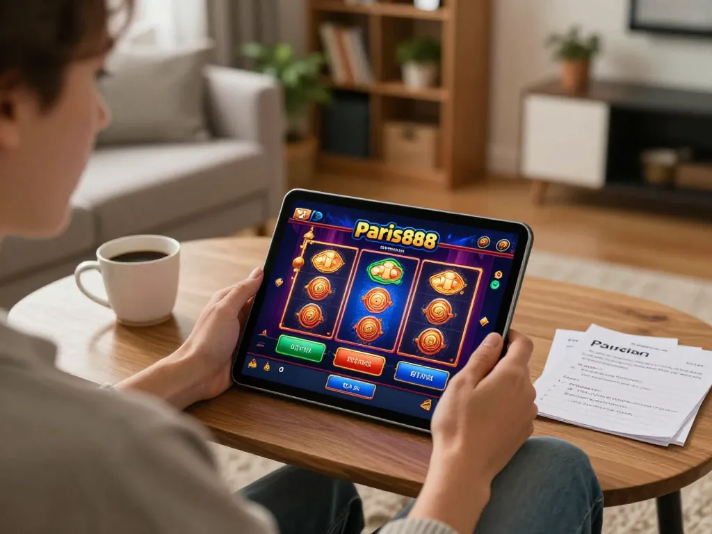 Engaging with the paris888 casino app on a tablet, showcasing a slots interface in a cozy home setting.