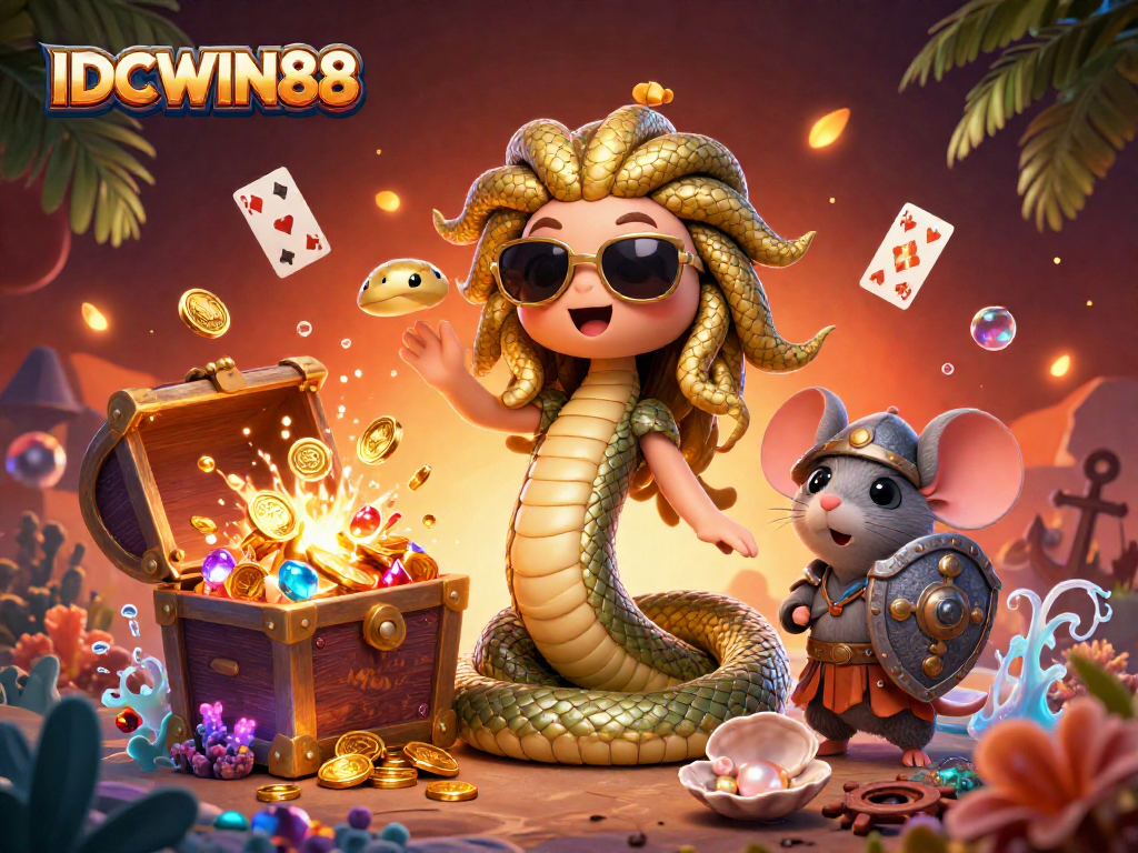 Join the fun with IDCWIN88 - vibrant Medusa and warrior mouse in a lively casino scene!