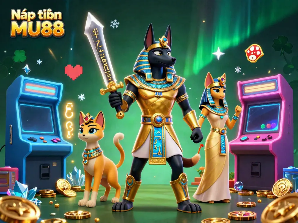 Nạp tiền MU88 illustrates a dynamic scene with Anubis and Bastet in a colorful casino environment.