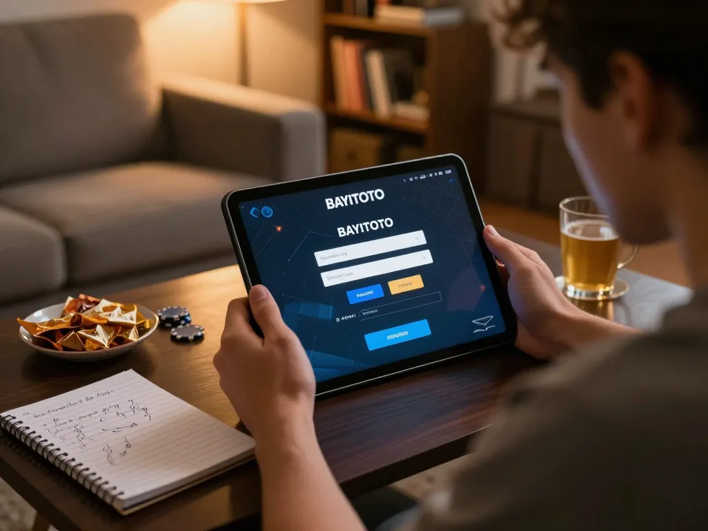 BAYITOTO login interface displayed as a player strategizes in a cozy home gaming setup.