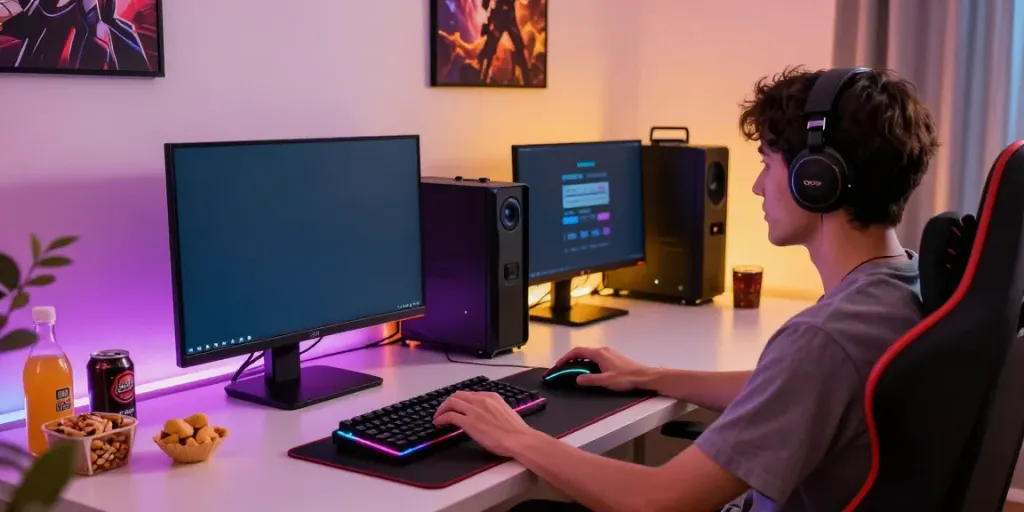 Engaging gaming setup featuring SEMESTA88 on a monitor, highlighting modern gaming lifestyle.