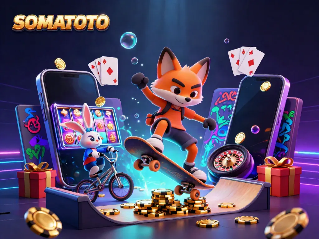 Experience thrilling gaming action with SOMATOTO, depicted through vivid 3D illustration.