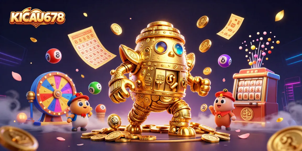 KICAU678 slot theme with an animated golden golem and dynamic lottery elements showcasing exciting gameplay.