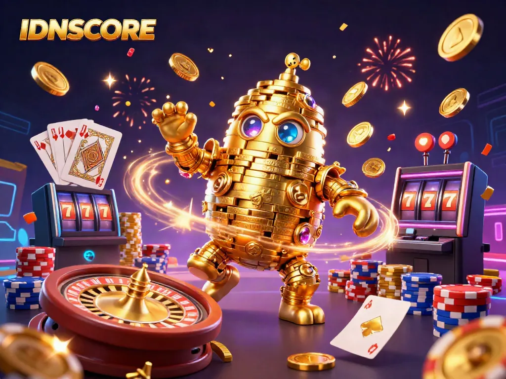 Engage the thrill of gaming with IDNSCORE's vibrant golden golem amidst cascading coins and roulette.