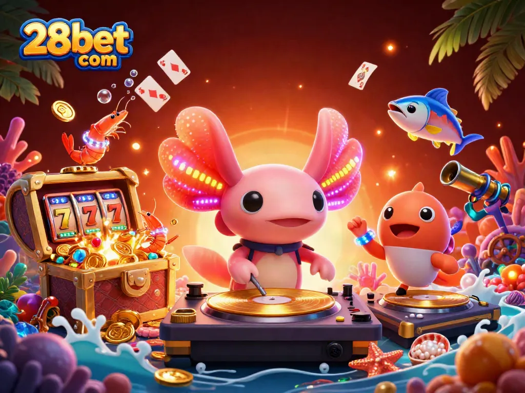 Get ready to spin with 28bet com, featuring a vibrant axolotl DJ and exciting casino elements!