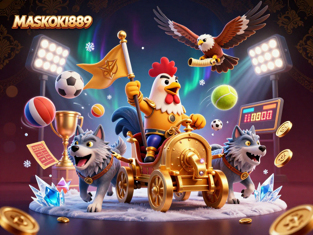 Engage with MASKOKI889 as the cartoon rooster warlord leads a dynamic casino adventure scene.