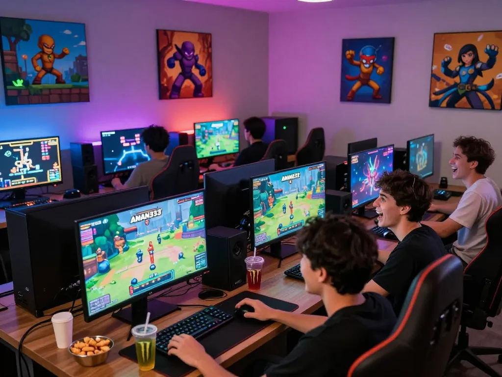Engaged gamers enjoying AMAN333 in a vibrant gaming lounge atmosphere.