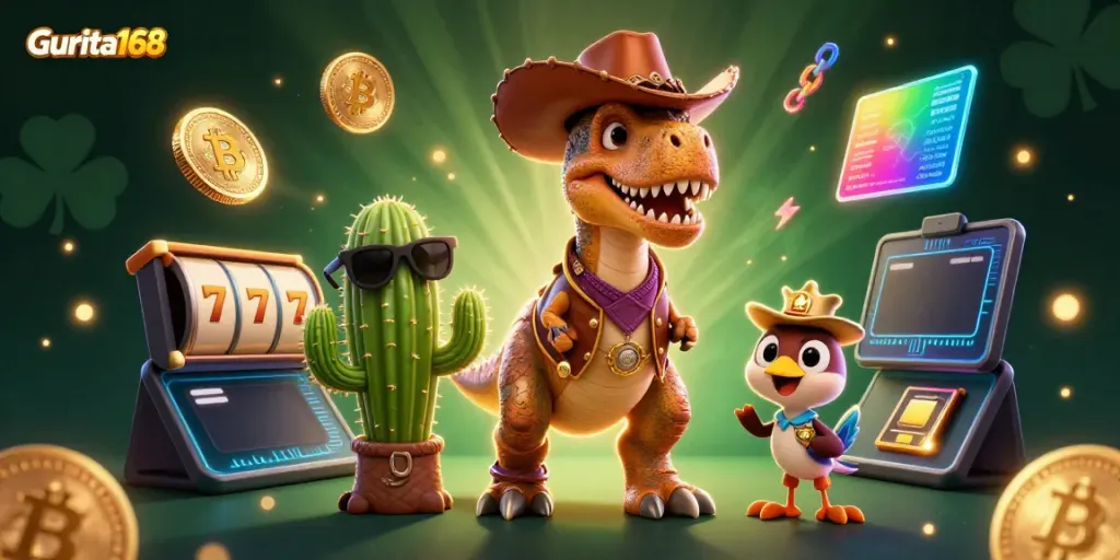 Gurita168 menghadirkan slot jackpot seru dengan karakter dinosaurus dan kaktus dalam ilustrasi 3D yang menarik.