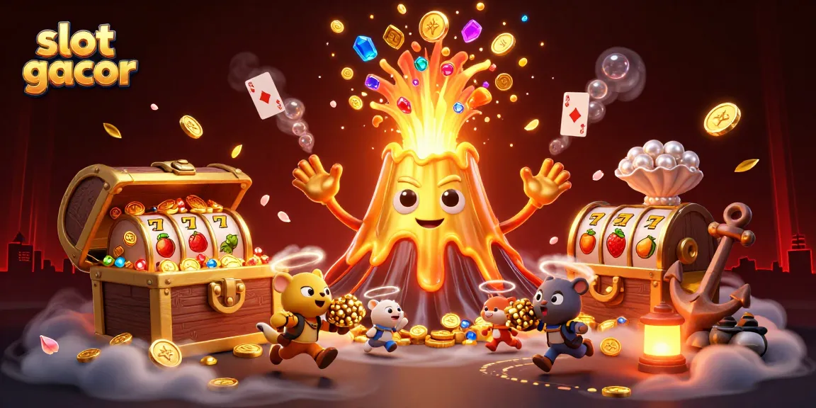 Experience thrilling slot gacor action with a 3D cartoon volcano and treasure elements.