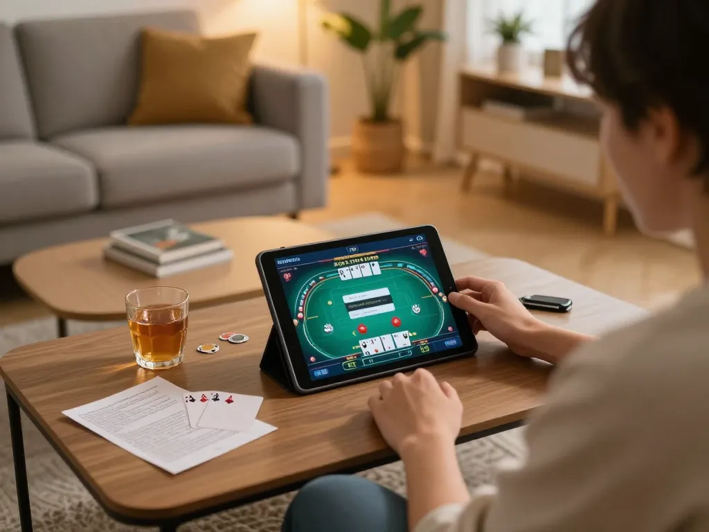 Pemain terlibat menggunakan login kenzototo di tablet di rumah untuk permainan poker online.