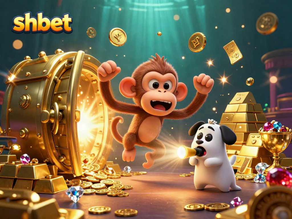 Experience shbet's thrilling casino environment featuring a playful ghostly monkey and curious puppy.