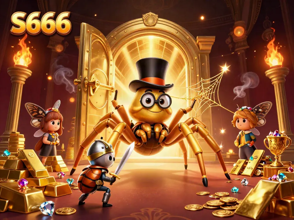 S666's online casino scene showcases a giant golden tarantula and beetle knight amidst gold treasure.