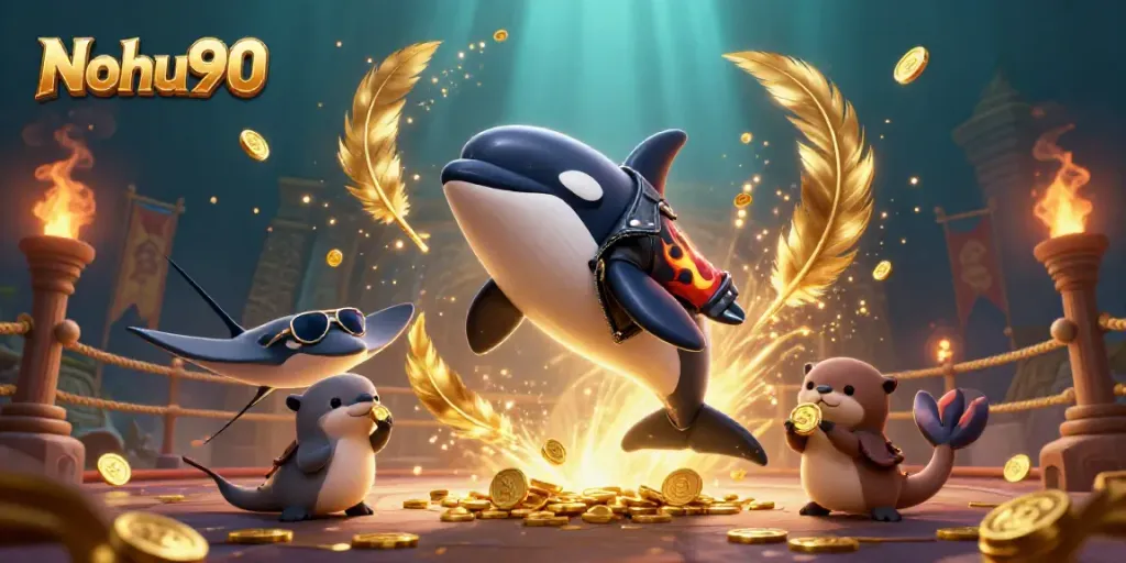 Nohu90 showcases a vibrant underwater gaming world with an orca, stingray, and otters holding golden coins.