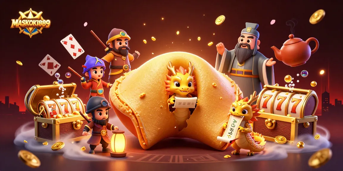 Engage with MASKOKI889 as you explore the winning potentials in a vibrant casino realm featuring slot machines and dynamic characters.