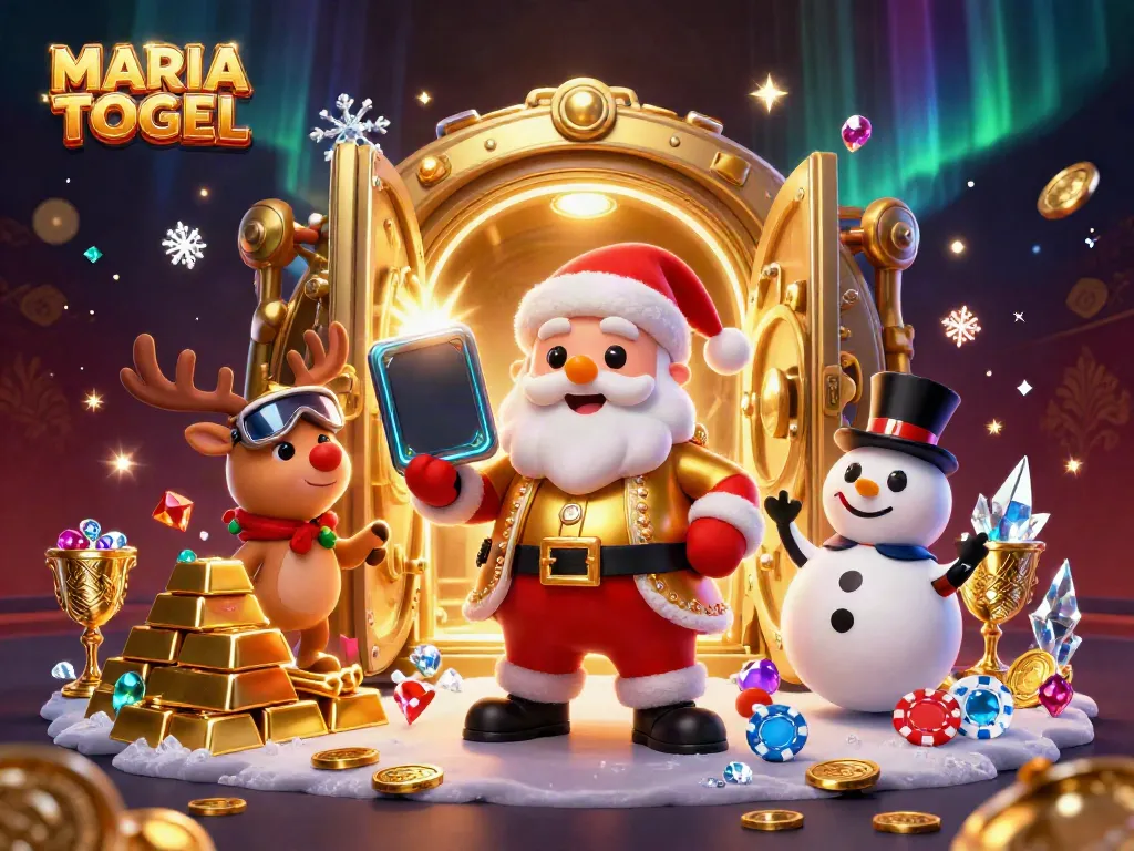 Experience the excitement of MARIATOGEL with a vibrant casino scene featuring Santa holding jackpot slots.