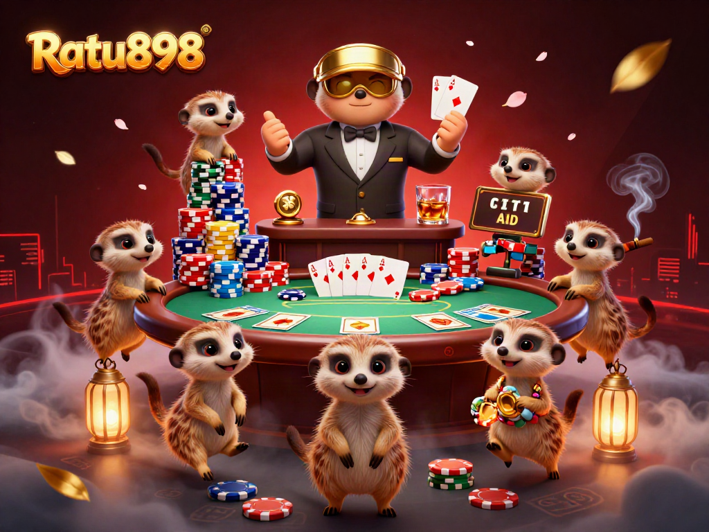 Ratu898 menampilkan koloni meerkat menjalankan operasi kasino yang rumit dengan suasana meriah dan banyak detail