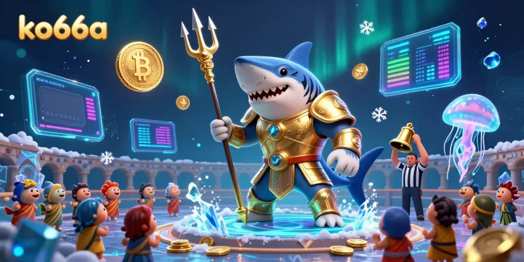 Engage with the thrilling world of ko66a featuring a fierce tiger shark in a game-themed underwater arena.