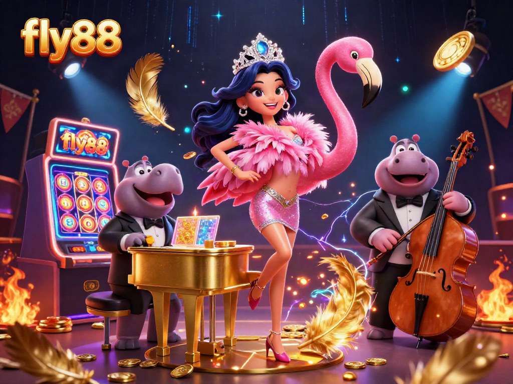 Engage with fly88's vibrant casino scene featuring a flamingo singer, hippo bassist, and a slot machine.