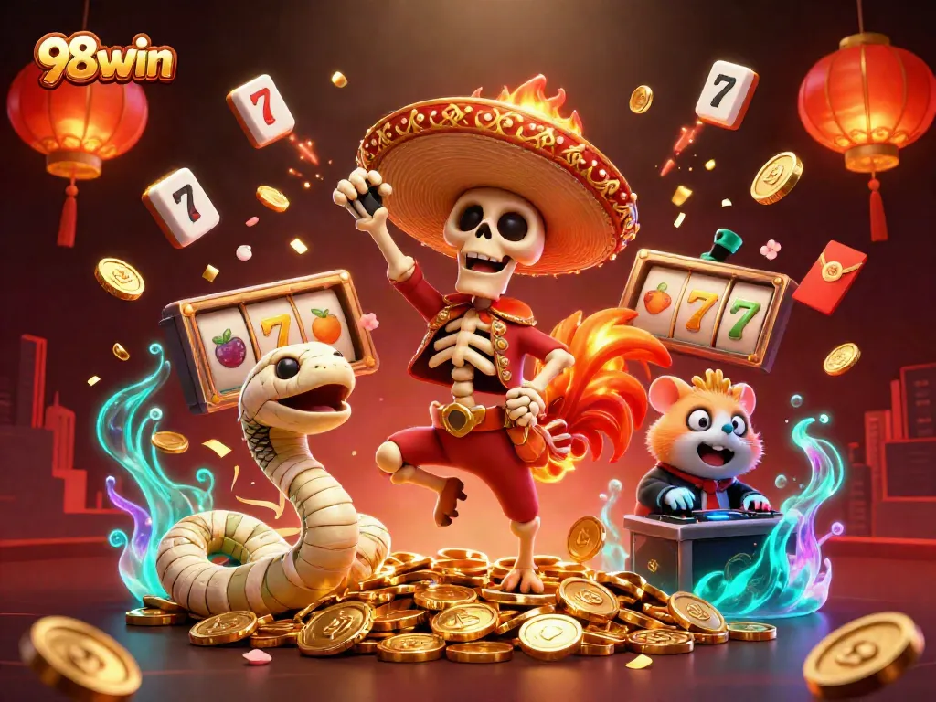 Engage in thrilling gameplay with 98win as a mariachi rooster celebrates a jackpot amidst golden coins and vibrant elements.