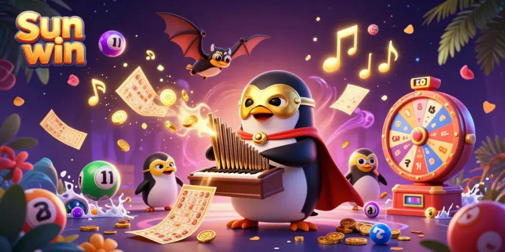 Engage with the thrilling Sun win experience as golden coins and lottery balls fly around in a vibrant 3D casino scene.