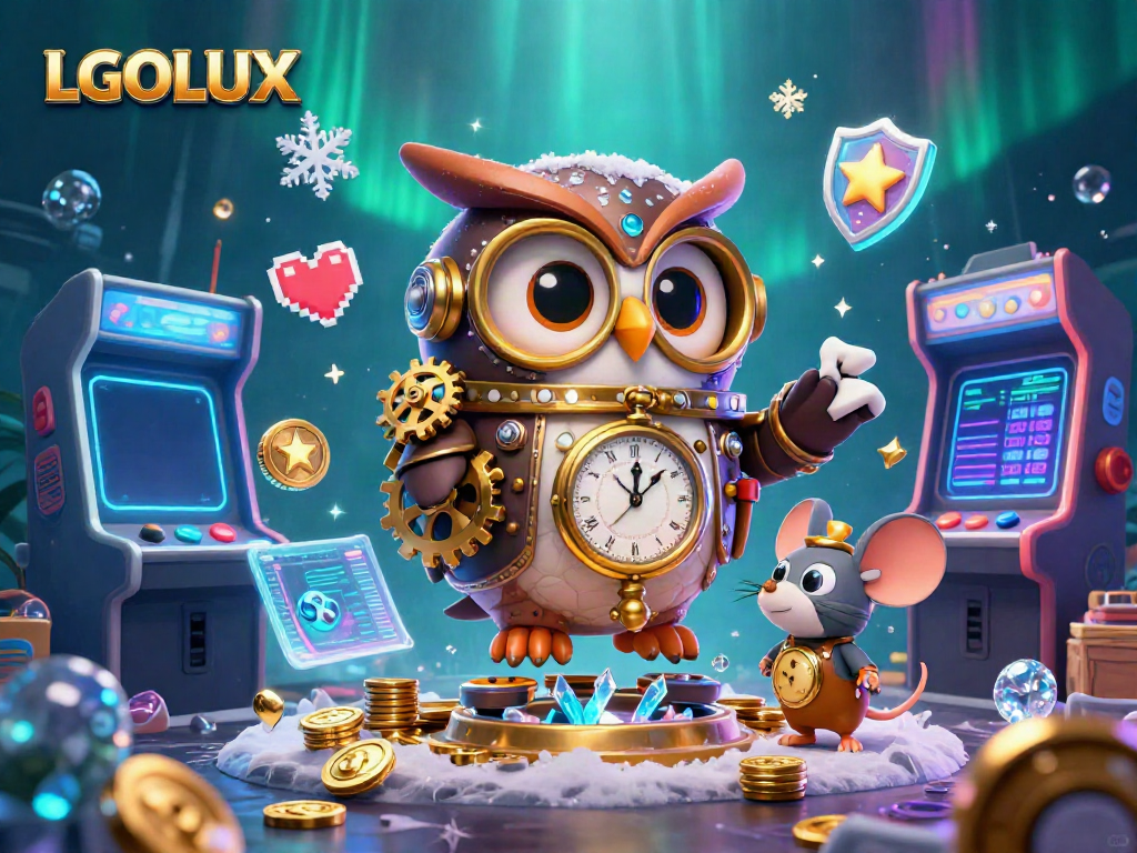 Engage with the immersive LGOLUX gaming experience featuring a steampunk owl and vibrant casino elements.