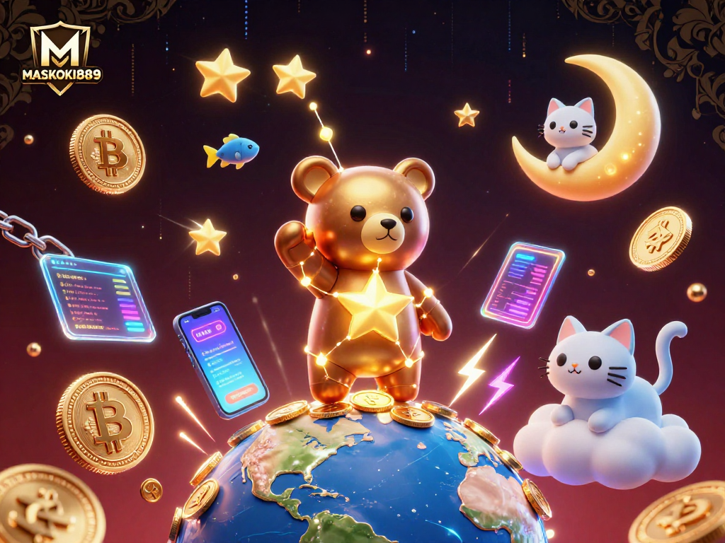 Experience the thrill of MASKOKI889 as the constellation bear scoops up coins in a cosmic casino.