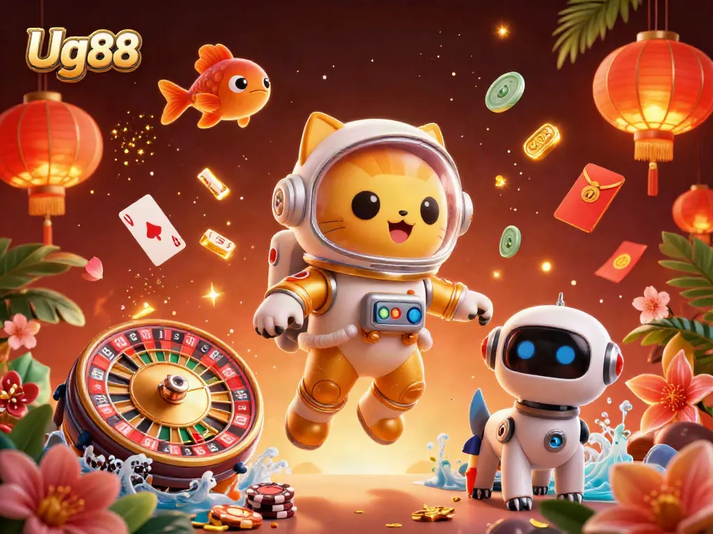 Engage with Ug88 through an exciting 3D casino-themed illustration featuring a space astronaut cat, poker chips, and a roulette wheel.