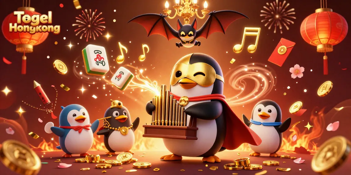 Experience the excitement of Togel Hongkong with a cartoon penguin playing an organ as coins rain down, a dynamic casino scene.