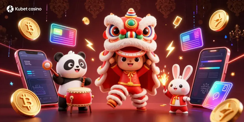Engage in the vibrant world of Kubet casino featuring a Chinese New Year lion dance surrounded by crypto elements.