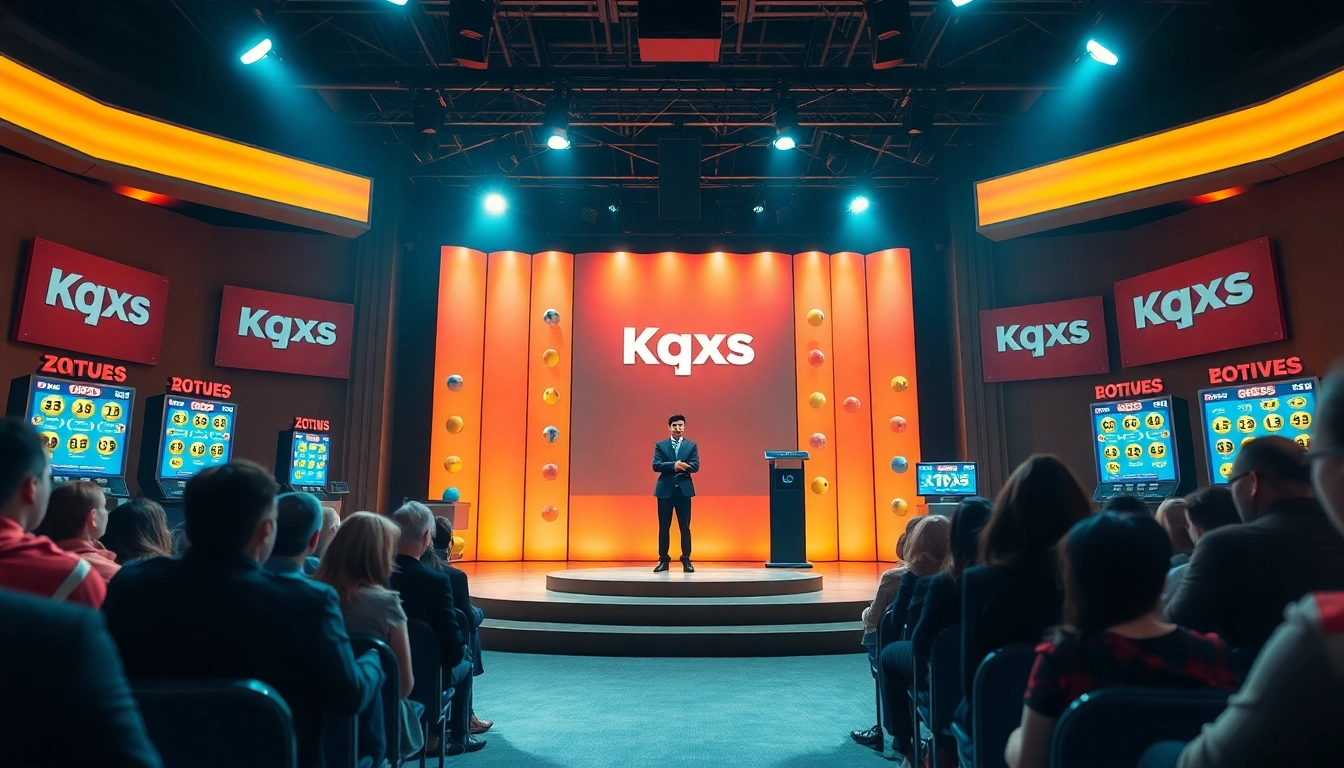 Capture the excitement of Kqxs lottery results at a vibrant drawing event with colorful displays and digital screens.