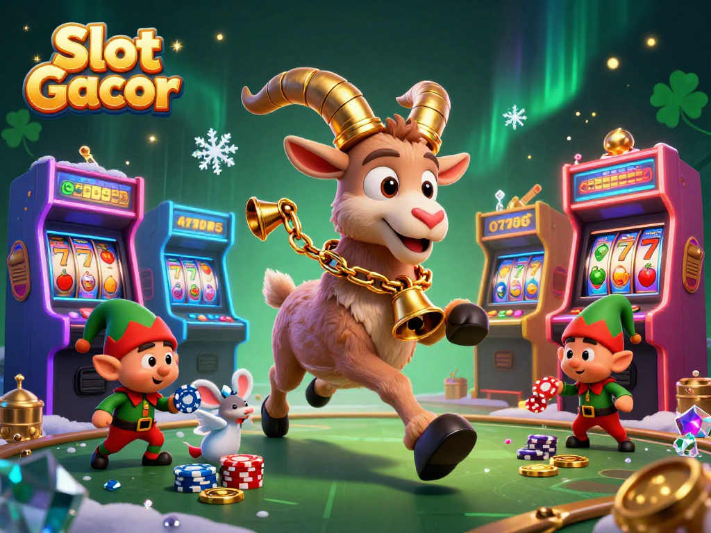 Experience Slot Gacor with a lively casino scene featuring a Krampus goat, angel mouse, and elf gremlins.
