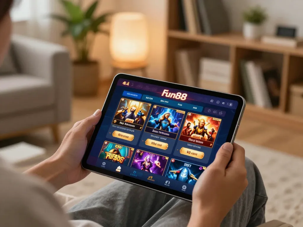 Enjoying online gameplay on Fun88 using a tablet in a cozy home setting.