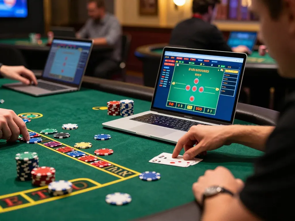 IDCASH88 players strategizing during an exciting online blackjack game with colorful chips.
