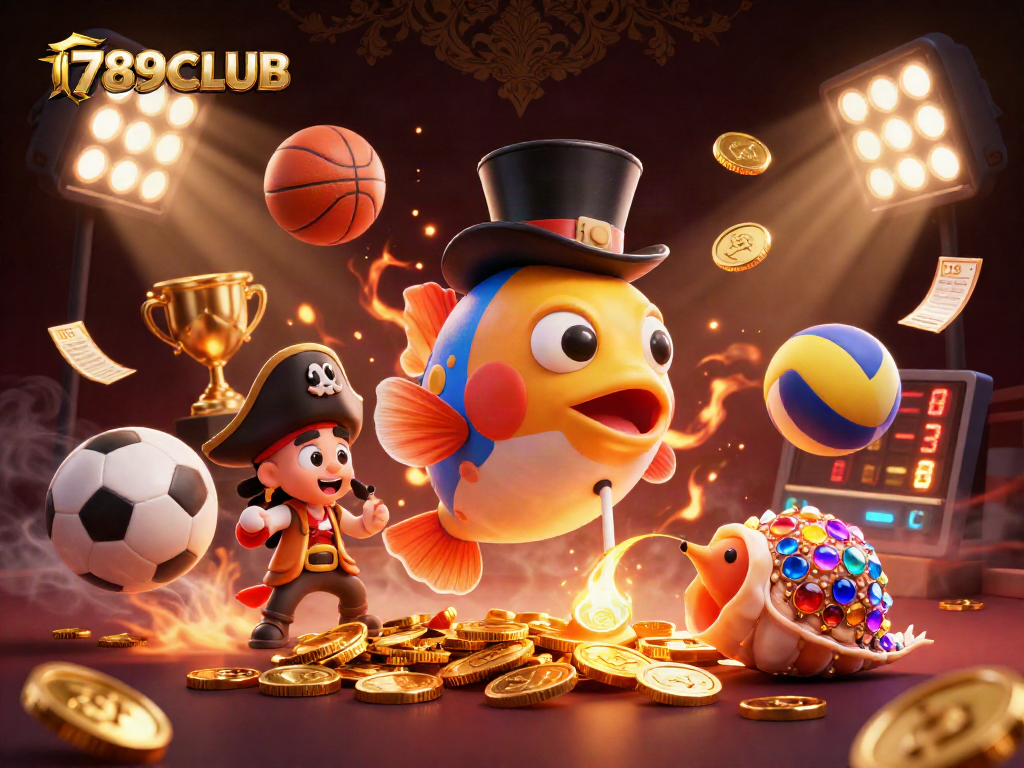Engage with the thrilling action of 789CLUB featuring cartoon fish characters amid a dynamic sports-themed scene.