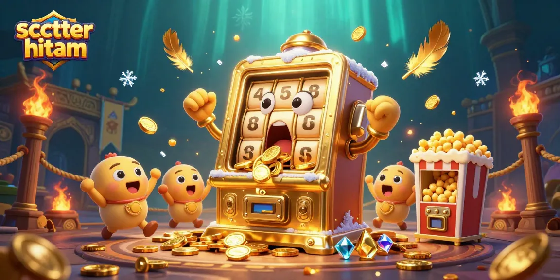 Spin and win with scatter hitam amidst cheerful slot machines and a popcorn sidekick.