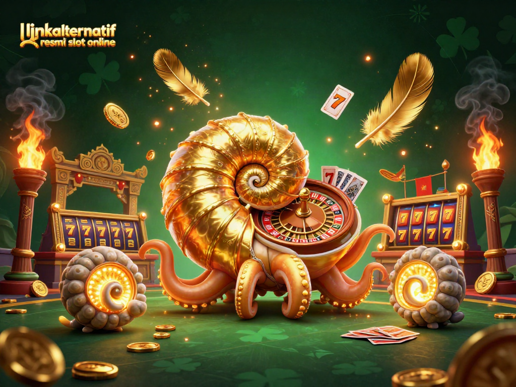 Experience the thrill of link alternatif resmi slot online with a vibrant 3D scene of a nautilus and glowing ammonite companions.