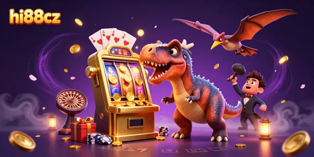 hi88cz jackpot scene featuring a dinosaur, casino manager, and coins flying in a vibrant atmosphere