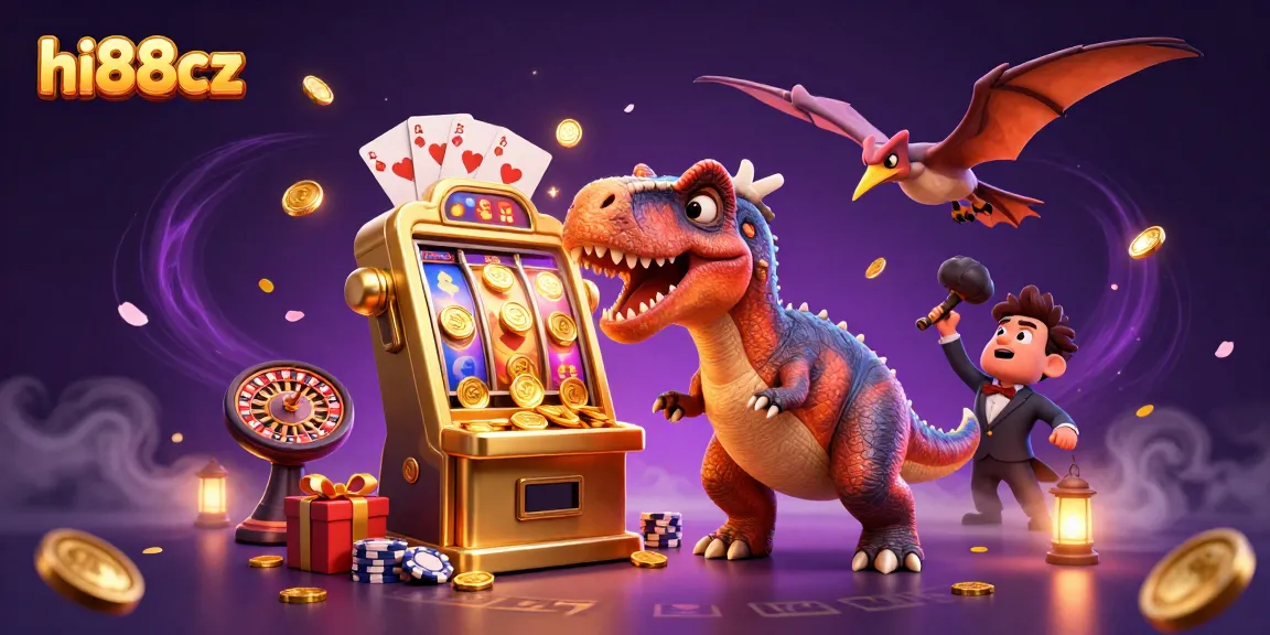 hi88cz jackpot scene featuring a dinosaur, casino manager, and coins flying in a vibrant atmosphere