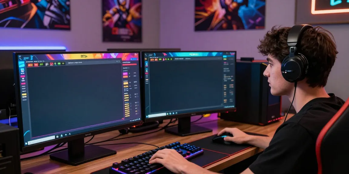 Pengguna bermain game RTP di ruang gaming modern dengan beberapa layar menampilkan grafik menarik harum4d.