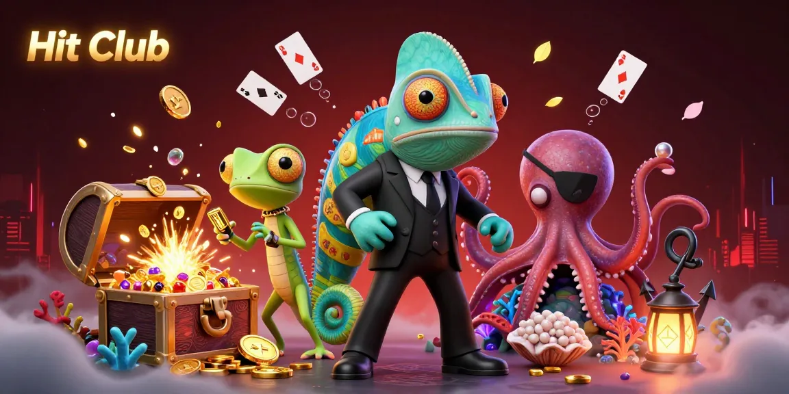 Experience a thrilling scene with Hit Club characters amidst an explosion of colorful casino-themed treasures.