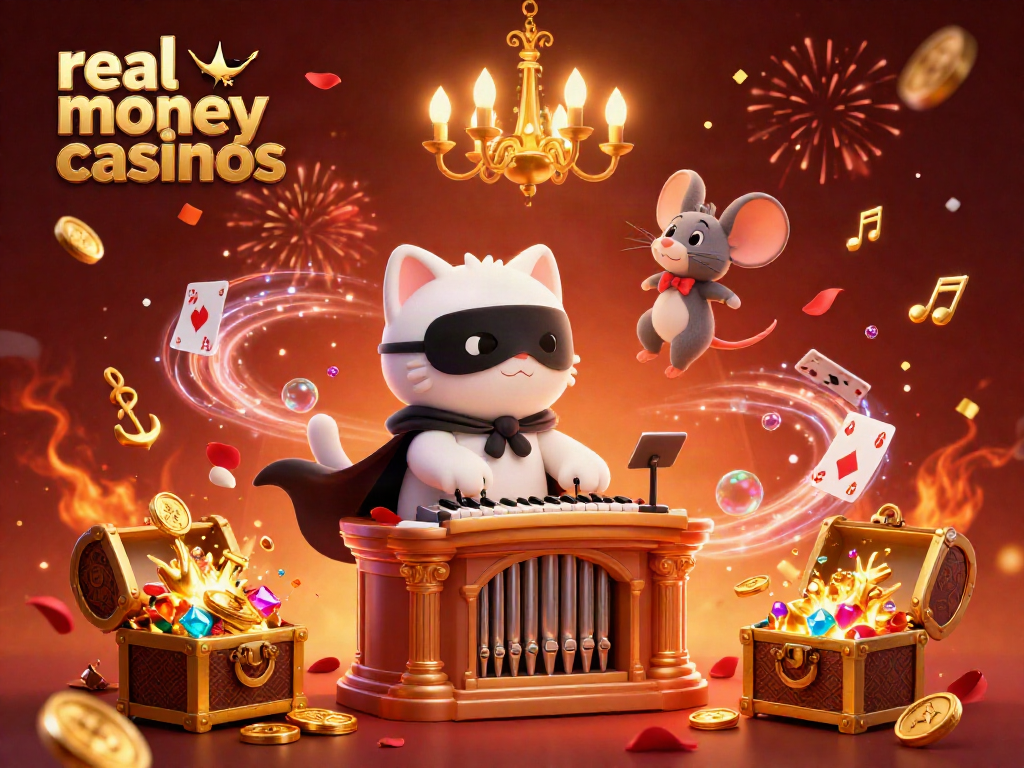 Experience excitement at real money casinos with a whimsical scene featuring a cat, mouse acrobat, and vibrant game elements.