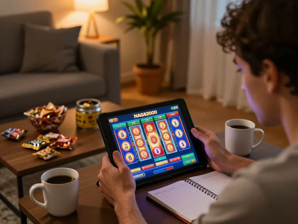 NAGA2000 player engaged in live slots gaming at home, focusing on tablet interface with vibrant reels.