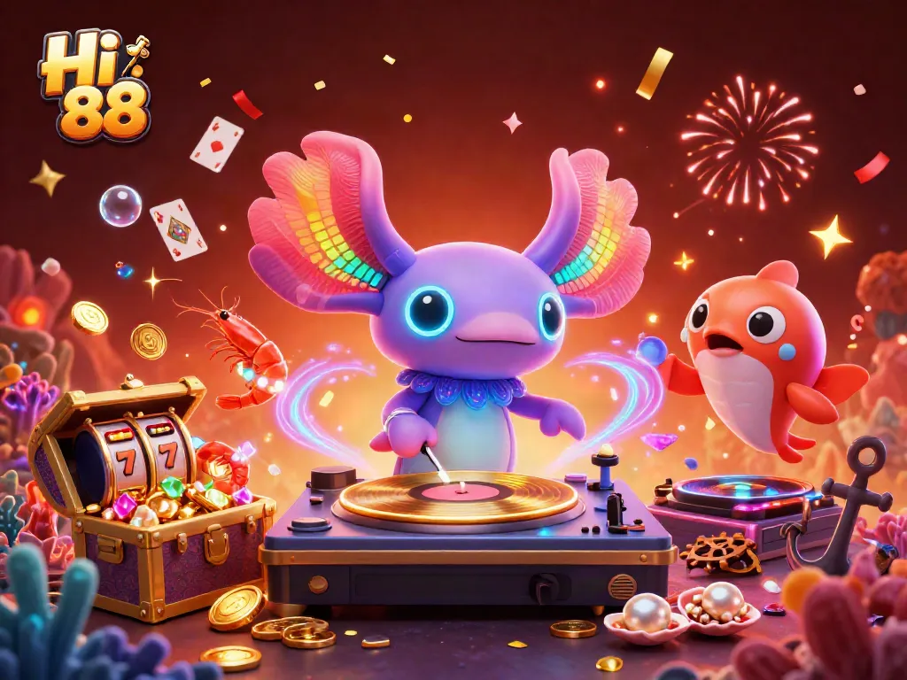 Play vibrant casino games at Hi 88 with a neon-themed underwater DJ scene featuring lively characters.