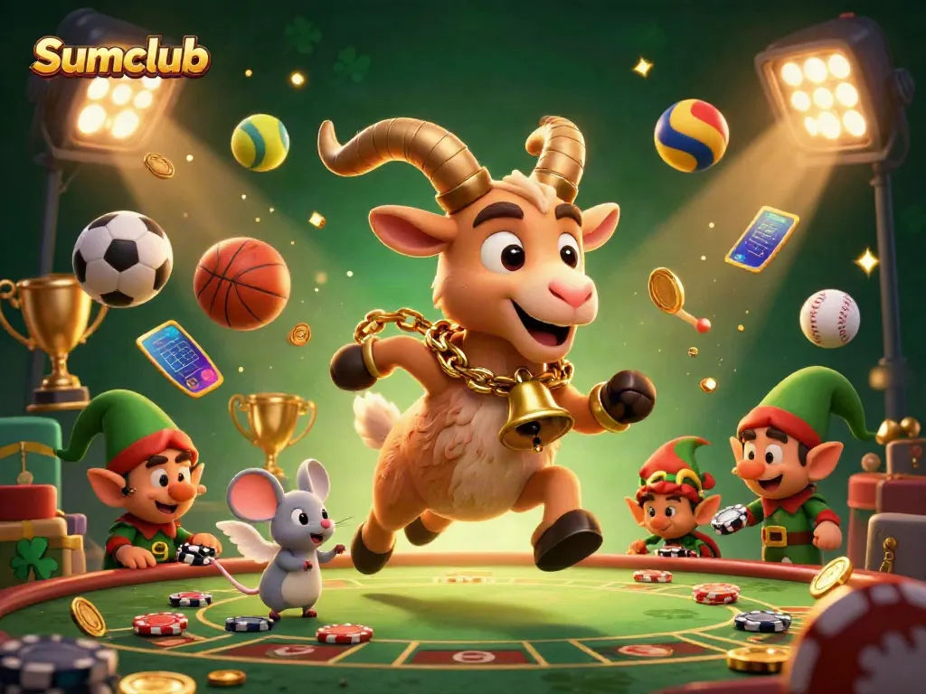 Experience exciting gaming action at Sumclub with festive characters in a vibrant casino scene.