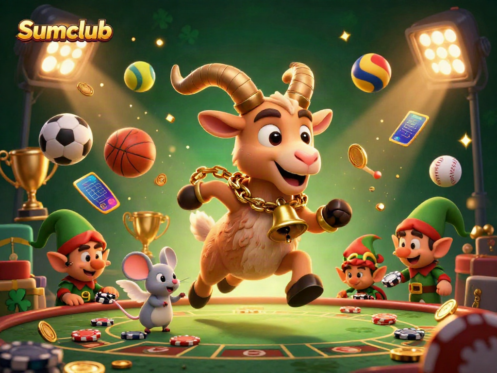 Experience exciting gaming action at Sumclub with festive characters in a vibrant casino scene.