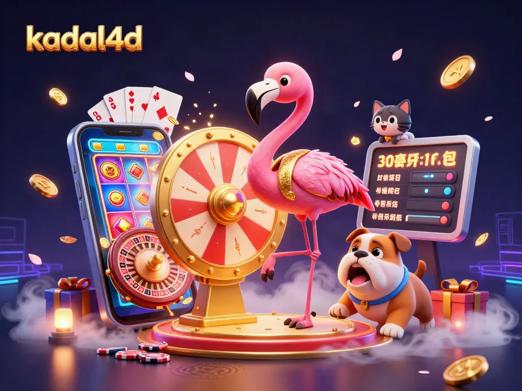 Kadal4d showcases a dynamic illustration with a flamingo game show host and vibrant casino elements.