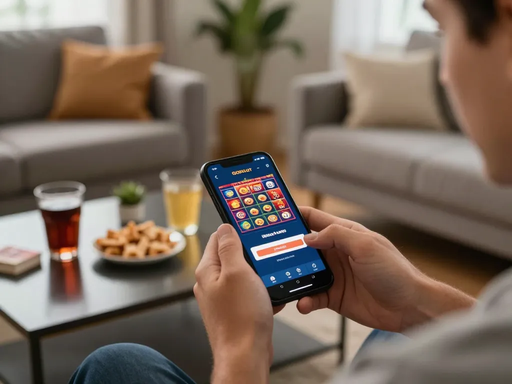 Engaging in qqslot login terbaru on smartphone during relaxed home gaming session