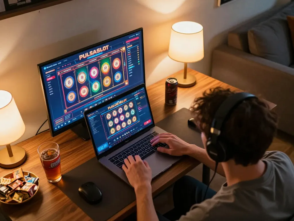 PULSASLOT player engaged in exciting online slot gaming at home, strategic setup with laptop and snacks.