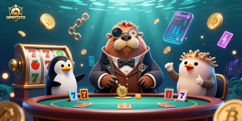 Engage in thrilling play at OPPATOTO with a whimsical underwater casino scene featuring a walrus and digital game elements.