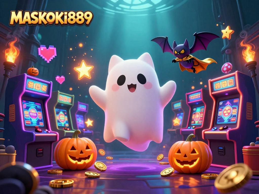 Experience thrilling gameplay with MASKOKI889 in a vibrant haunted casino scene.